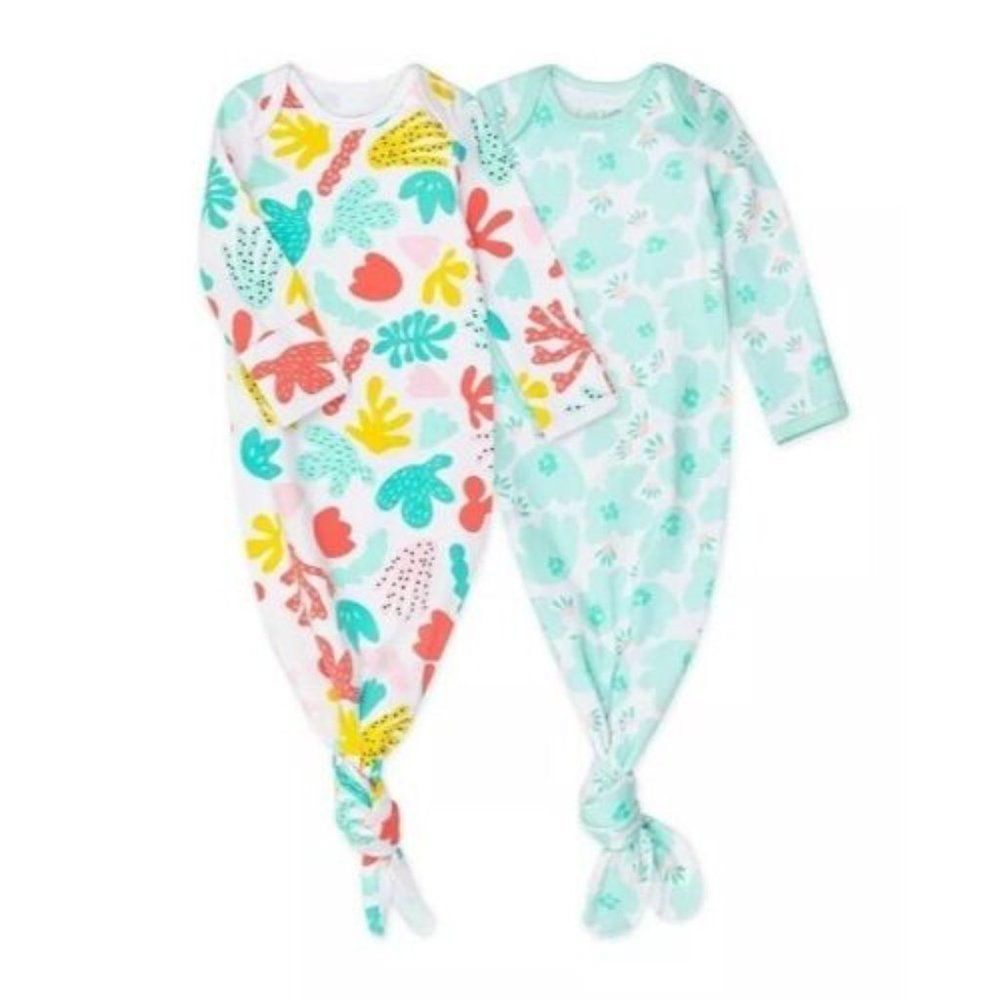 X2 MAC & MOON KNOTTED INFANT GOWNS ORGANIC COTTON FLORAL CORAL REEF-ONE SIZE